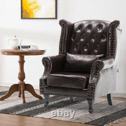 PU Leather Chesterfield Armchair Brown Dark High Back Fireside Wing Accent Chair