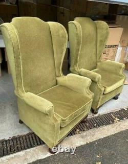 Pair Antique Queen Anne Style Victorian Wing Back Fireside Chairs Green Velour