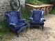 Pair Blue Chesterfield 2 Armchairs Queen Ann High Back Wing Chair Fabric Firesid