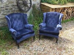 Pair Blue Chesterfield 2 Armchairs Queen Ann High Back Wing Chair Fabric Firesid