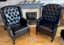 Pair Of Black Faux Leather Fireside, Wingback Queen Anne Armchairs