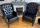 Pair Of Black Faux Leather Fireside, Wingback Queen Anne Armchairs