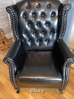 Pair Of Black Faux Leather Fireside, Wingback Queen Anne Armchairs