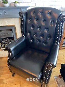 Pair Of Black Faux Leather Fireside, Wingback Queen Anne Armchairs