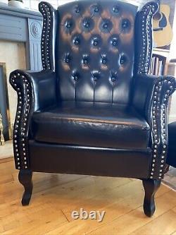 Pair Of Black Faux Leather Fireside, Wingback Queen Anne Armchairs