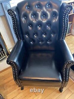 Pair Of Black Faux Leather Fireside, Wingback Queen Anne Armchairs