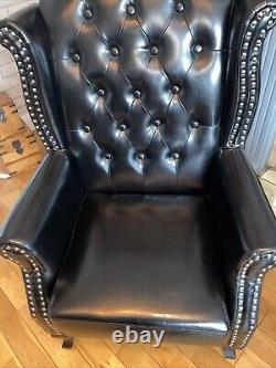 Pair Of Black Faux Leather Fireside, Wingback Queen Anne Armchairs