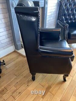 Pair Of Black Faux Leather Fireside, Wingback Queen Anne Armchairs