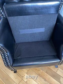 Pair Of Black Faux Leather Fireside, Wingback Queen Anne Armchairs