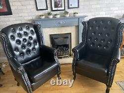 Pair Of Black Faux Leather Fireside, Wingback Queen Anne Armchairs