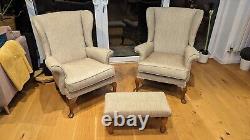 Pair Of Fireside Chairs Wingback Armchairs With Footstool