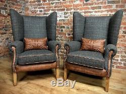 Pair Of Fireside Harris Tweed Wingback Armchairs