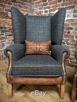 Pair Of Fireside Harris Tweed Wingback Armchairs