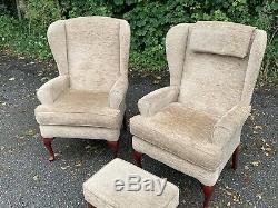 Pair Of HSL Fireside Wingback Straight Back Armchairs With Stool Free Delivery