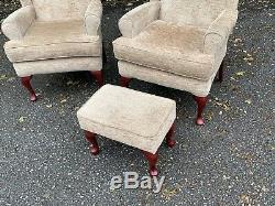 Pair Of HSL Fireside Wingback Straight Back Armchairs With Stool Free Delivery
