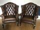 Pair Of Queen Anne Style Wingback Brown Leather Fireside Chairs Armchair