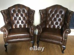 Pair Of Queen Anne Style Wingback Brown Leather Fireside Chairs Armchair