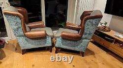 Pair Of Tetrad Westwood Fireside Wing Back Arm Chairs Tartan Velvet Leather
