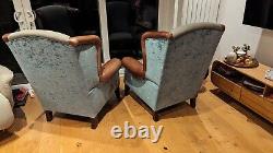 Pair Of Tetrad Westwood Fireside Wing Back Arm Chairs Tartan Velvet Leather