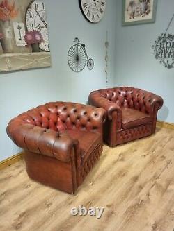Pair of 2 Red Leather Chesterfield Armchairs Wing Back Fireside Chair Sofa