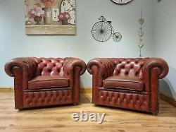 Pair of 2 Red Leather Chesterfield Armchairs Wing Back Fireside Chair Sofa