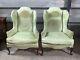 Pair Of 2x Vintage Antique Queen Anne Wingback Armchairs Parlour Fireside Chairs