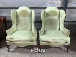 Pair of 2x vintage antique Queen Anne wingback armchairs parlour fireside chairs