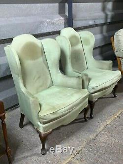 Pair of 2x vintage antique Queen Anne wingback armchairs parlour fireside chairs