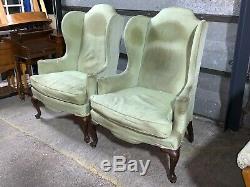 Pair of 2x vintage antique Queen Anne wingback armchairs parlour fireside chairs