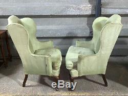 Pair of 2x vintage antique Queen Anne wingback armchairs parlour fireside chairs