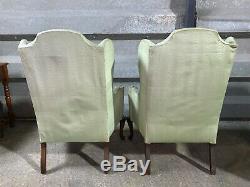 Pair of 2x vintage antique Queen Anne wingback armchairs parlour fireside chairs