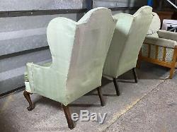 Pair of 2x vintage antique Queen Anne wingback armchairs parlour fireside chairs