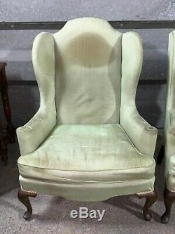 Pair of 2x vintage antique Queen Anne wingback armchairs parlour fireside chairs