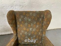 Pair of Vintage Green Fabric Wing Back Fire Side Armchairs with Wooden Legs