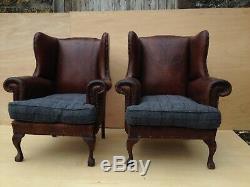 Pair vintage leather wingback armchairs antique studded club chair fireside