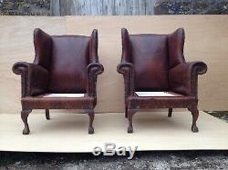 Pair vintage leather wingback armchairs antique studded club chair fireside