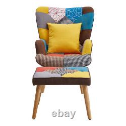 Patchwork Armchair High Back Fireside Sofa Wing Back Lounge Chair &Footstool Set