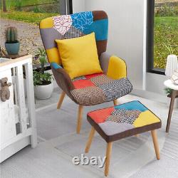 Patchwork Fabric Upholstered Armchair & Footstool Wingback Fireside Sofa Chair