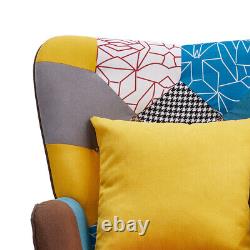 Patchwork Fabric Upholstered Armchair & Footstool Wingback Fireside Sofa Chair