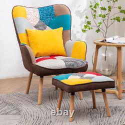 Patchwork Fabric Upholstered Armchair with Footstool Wing Back Fireside Sofa Chair