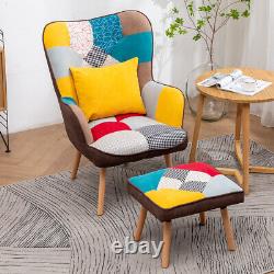 Patchwork Fabric Upholstered Armchair with Footstool Wing Back Fireside Sofa Chair