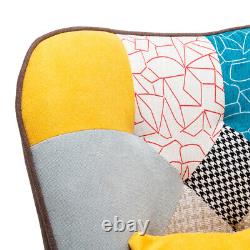 Patchwork Fabric Upholstered Armchair with Footstool Wing Back Fireside Sofa Chair