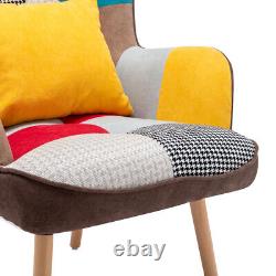 Patchwork Fabric Upholstered Armchair with Footstool Wing Back Fireside Sofa Chair