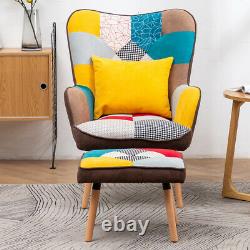 Patchwork Fabric Wing Back Armchair High Back Fireside Lounge Chair Foot Stool