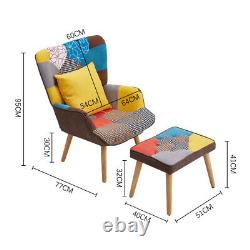 Patchwork High Back Chair with Footstool Lounge Chair Accent Armchair Fireside