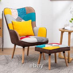 Patchwork High Wing Back Armchair Upholstered Fireside Sofa Chair with Footstool