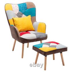 Patchwork High Wing Back Armchair Upholstered Fireside Sofa Chair with Footstool