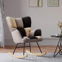 Patchwork Linen Upholstered Rocking Chair Wing Back Lounge Rocking Sofa Armchair