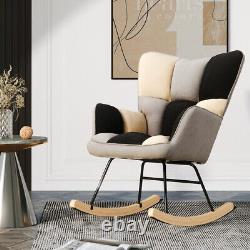 Patchwork Linen Upholstered Rocking Chair Wing Back Lounge Rocking Sofa Armchair