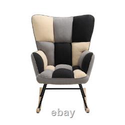 Patchwork Linen Upholstered Rocking Chair Wing Back Lounge Rocking Sofa Armchair